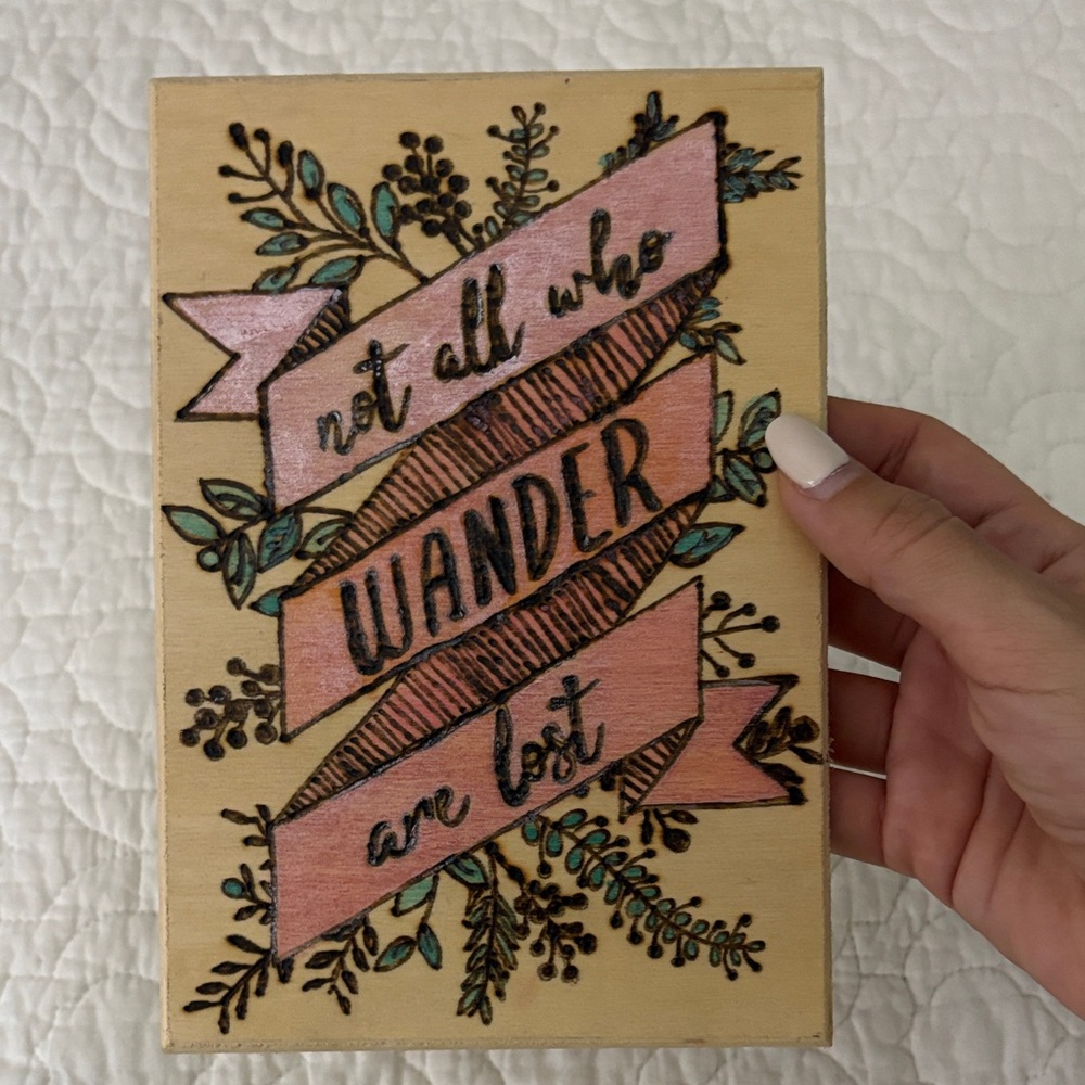 Handmade Wooden Art Plaque with Pink Banner
